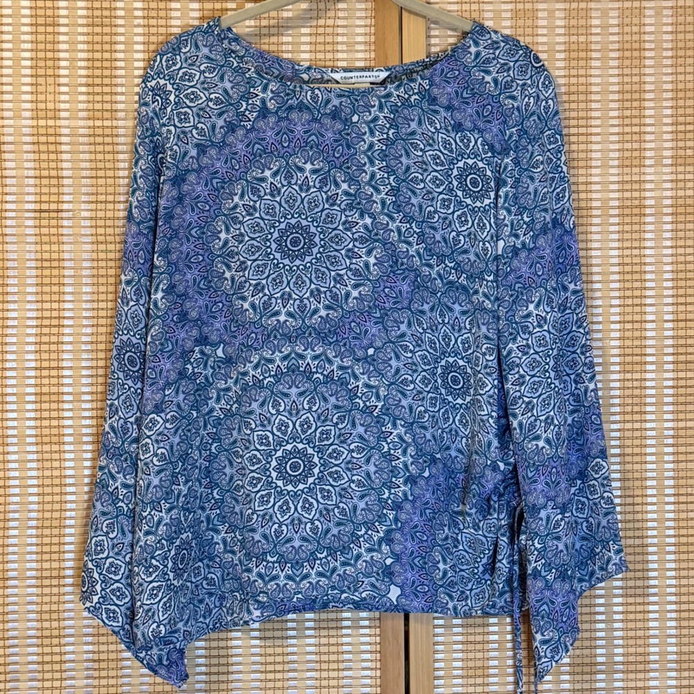 Counterparts Womens XL Blue Purple Paisley Mandala Side Tie Blouse Boho‎ Fairy